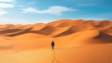 Man walking on sand dunes in the Sahara desert, Morocco.の素材