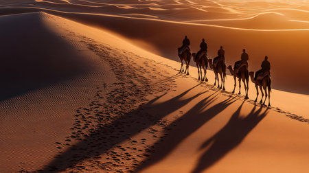 Silhouette of people on camels in Sahara desert, Moroccoの素材