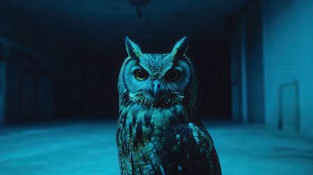 Night shot of an owl in a dark room with blue light.の素材