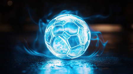 Soccer ball with blue smoke on dark background. 3d illustrationの素材
