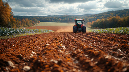 Tractor plowing the field in autumn. Tractor on the field.の素材