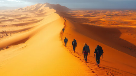 Group of tourists walking in the Sahara desert, Morocco, Africa.の素材