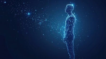 Human body made of points and lines on a dark blue background.の素材