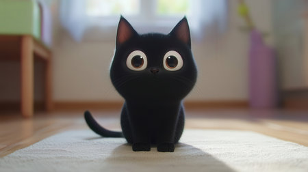 Cute black cat with big eyes sitting on the carpet in the roomの素材
