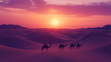 Silhouettes of camels in the desert at sunset. 3d renderingの素材