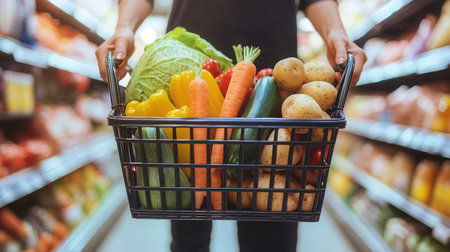 Close-up of woman holding shopping basket with fresh vegetables in supermarketの素材