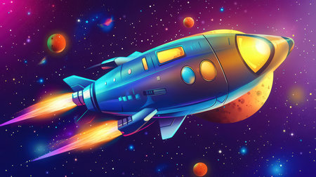 Space ship flying in the space with planets and stars. Vector illustration.の素材