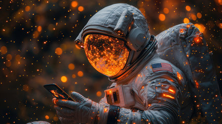 Astronaut in spacesuit using smartphone on the background of the planet.の素材