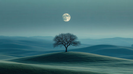 Lonely tree in the field at night with full moon.の素材
