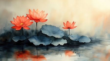 Red lotus in the pond. Watercolor painting. Illustration.の素材