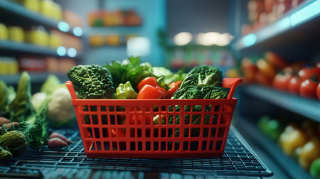 Shopping cart full of fresh vegetables in supermarket. Shallow depth of fieldの素材
