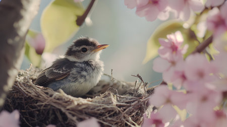 Bird in the nest on the background of spring cherry blossoms.の素材