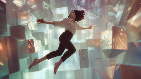 Beautiful young businesswoman jumping in front of a futuristic background.の素材