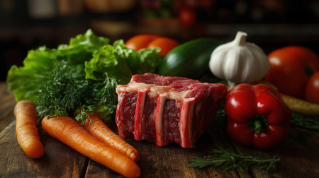 Fresh raw meat with vegetables on wooden table, closeup. Organic foodの素材