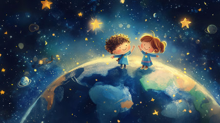 Cute little boy and girl on the planet earth in outer spaceの素材