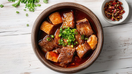 Bowl with delicious beef stew on white wooden table, top viewの素材