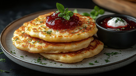 Pancakes with strawberry jam and sour cream on a dark backgroundの素材