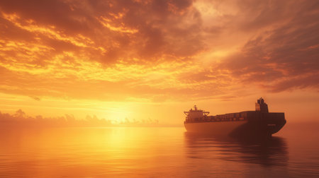 Cargo ship in the sea at sunset, 3d render illustrationの素材