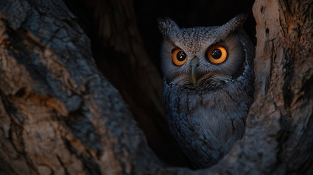 Owl in a tree looking into the camera. Beautiful owl with big eyes.の素材