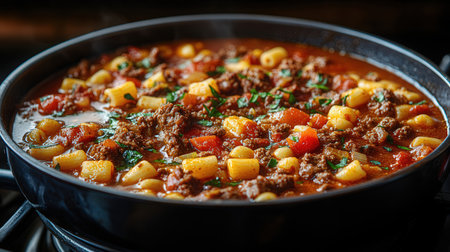 Minced meat with vegetables in a frying pan on a dark backgroundの素材