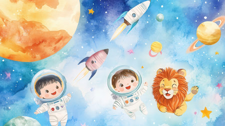 Watercolor illustration of a cute boy and girl in astronaut costume having fun.の素材