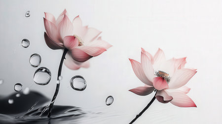 Lotus flower and water drops on white background. 3D renderingの素材