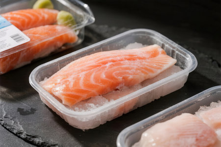 Raw fresh salmon on ice in plastic box on black background, Japanese foodの素材