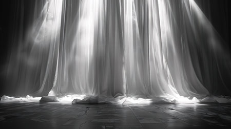 Curtain in dark room with spotlight. 3d render illustration.の素材