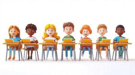 3d illustration of group of children sitting at a desk and studyingの素材