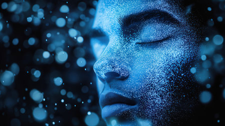 Close-up portrait of a beautiful young woman with blue makeup.の素材