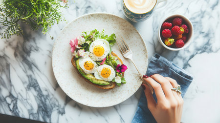 Healthy breakfast with toast with avocado, egg and strawberry tableの素材