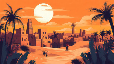 Egyptian man in the desert at sunset. Illustration of Egyptian culture.の素材