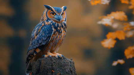 Beautiful owl sitting on a tree stump in the autumn forest.の素材
