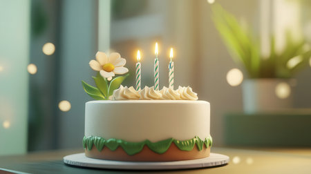 Birthday cake with candles and flowers on table, 3d renderの素材