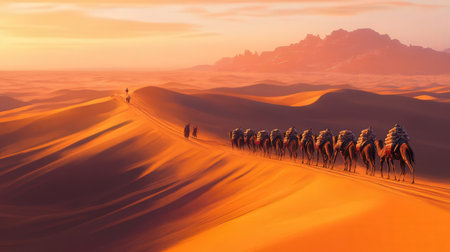 3D rendering of camel caravan in the Sahara desert at sunset timeの素材