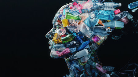 Human head with plastic waste on black background. Recycling conceptの素材