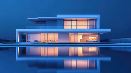 3d rendering of modern cozy house by the river at night.の素材