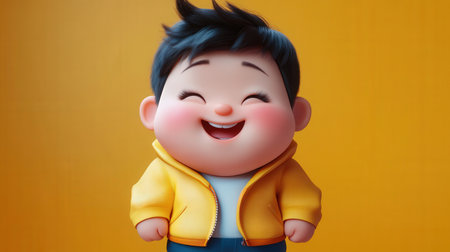3d illustration of a cute little boy wearing yellow jacket and smilingの素材