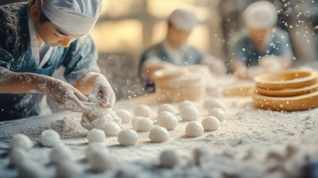 Cute little boy in chef uniform making dough with flour on tableの素材