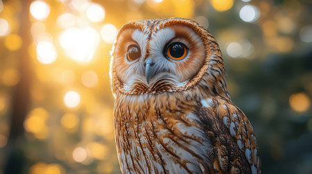 Portrait of a beautiful owl in the forest at sunset. Wildlife scene from nature.の素材