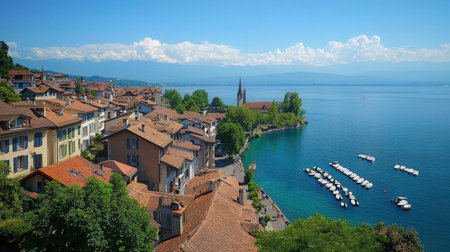 Panoramic view of Lake Lucerne and the old town of Lucerne, Switzerlandの素材