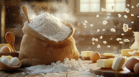 Bag with flour and eggs on wooden table. Baking conceptの素材