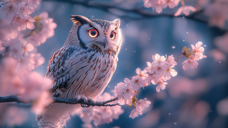 Beautiful owl sitting on a branch of blooming sakura treeの素材