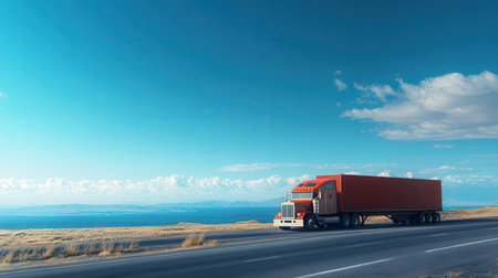 truck on the road with blue sky background, transportation and logistics conceptの素材