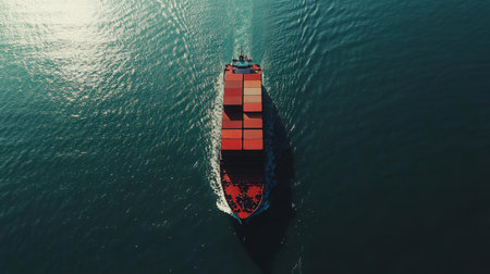 Aerial view of cargo ship with container sailing in the sea.の素材