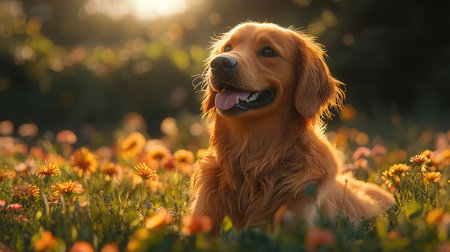 Cute golden retriever dog lying in blooming meadow at sunsetの素材