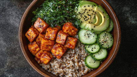 Bowl with tasty tofu salad on table, top viewの素材