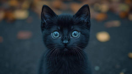 Cute black kitten with blue eyes on the street. Selective focus.の素材