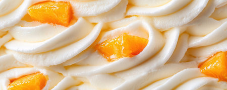 Vanilla cake with whipped cream and tangerines, closeupの素材