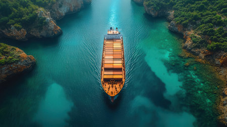 Aerial view of cargo ship in the sea. Aerial view of cargo ship in the sea.の素材